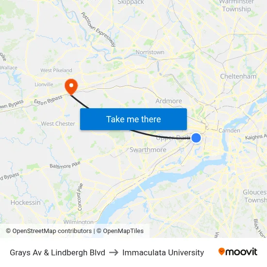 Grays Av & Lindbergh Blvd to Immaculata University map