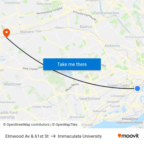 Elmwood Av & 61st St to Immaculata University map