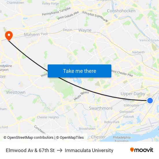 Elmwood Av & 67th St to Immaculata University map