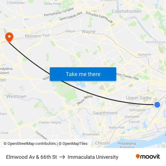 Elmwood Av & 66th St to Immaculata University map