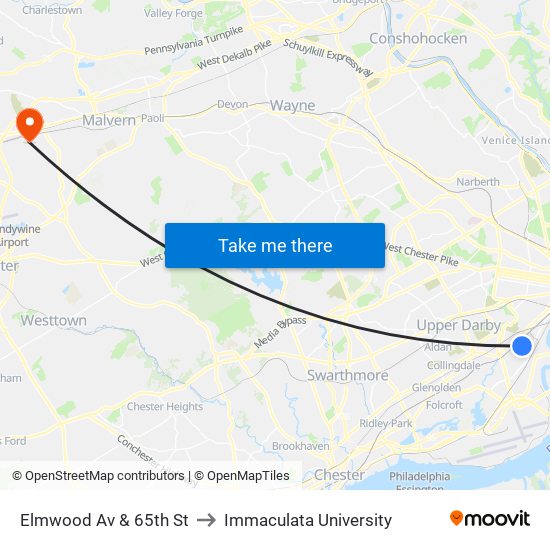Elmwood Av & 65th St to Immaculata University map