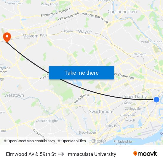 Elmwood Av & 59th St to Immaculata University map