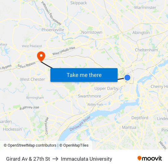 Girard Av & 27th St to Immaculata University map