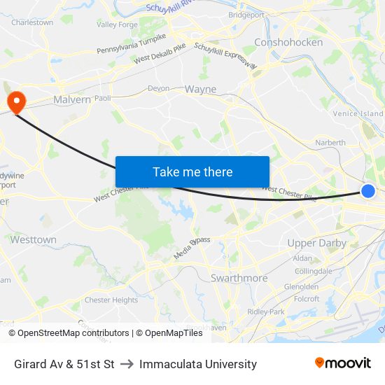 Girard Av & 51st St to Immaculata University map