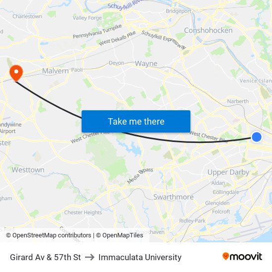 Girard Av & 57th St to Immaculata University map