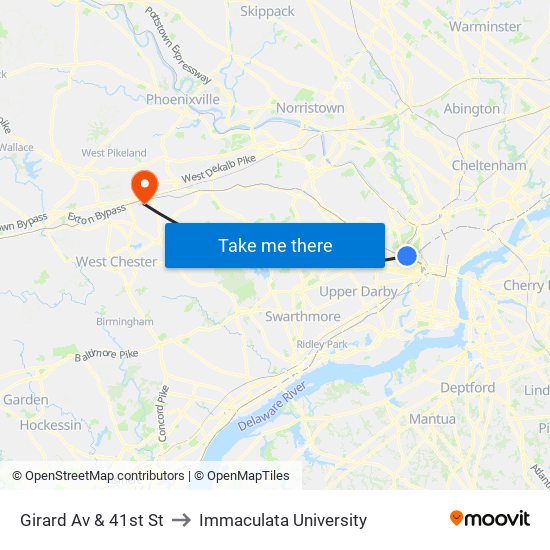 Girard Av & 41st St to Immaculata University map