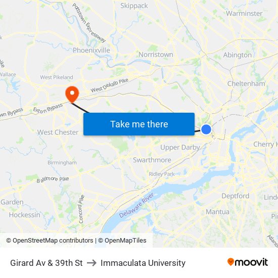 Girard Av & 39th St to Immaculata University map