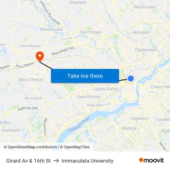 Girard Av & 16th St to Immaculata University map