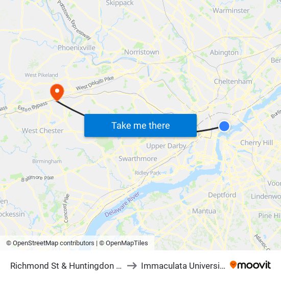 Richmond St & Huntingdon St to Immaculata University map