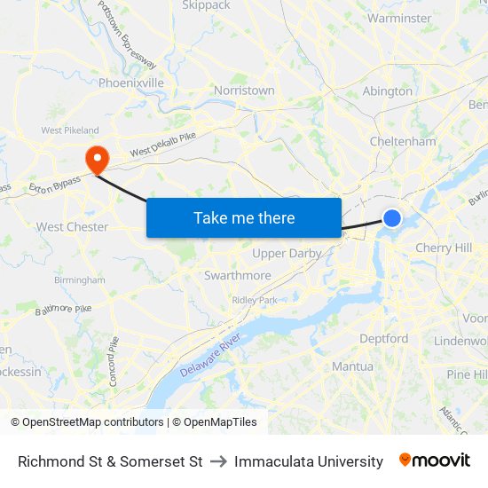 Richmond St & Somerset St to Immaculata University map