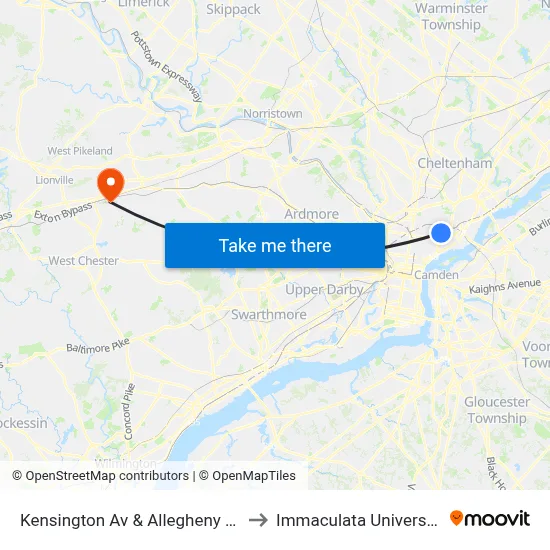 Kensington Av & Allegheny Av to Immaculata University map