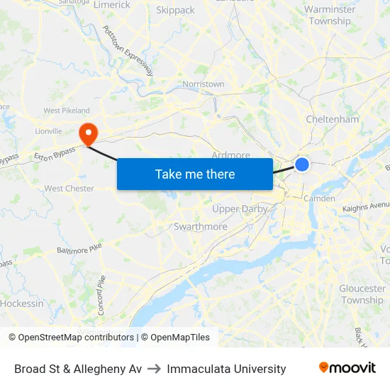 Broad St & Allegheny Av to Immaculata University map