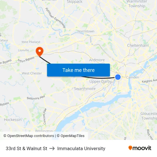 33rd St & Walnut St to Immaculata University map