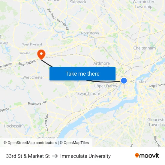 33rd St & Market St to Immaculata University map