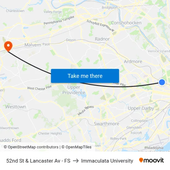 52nd St & Lancaster Av - FS to Immaculata University map