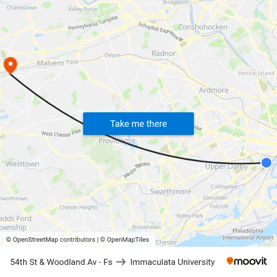 54th St & Woodland Av - Fs to Immaculata University map