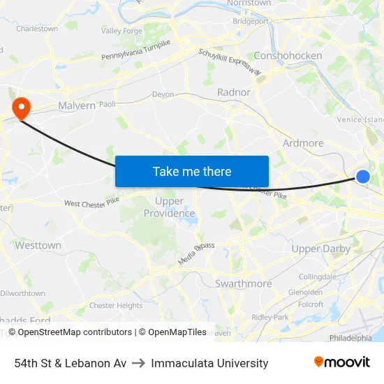 54th St & Lebanon Av to Immaculata University map