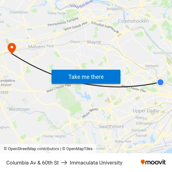 Columbia Av & 60th St to Immaculata University map