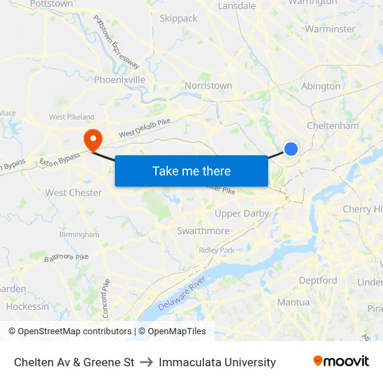 Chelten Av & Greene St to Immaculata University map