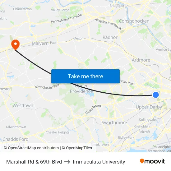 Marshall Rd & 69th Blvd to Immaculata University map