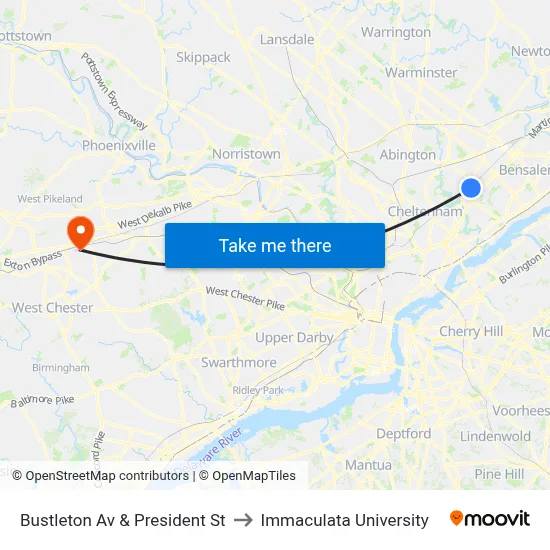 Bustleton Av & President St to Immaculata University map