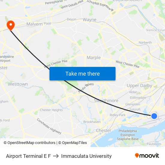 Airport Terminal E F to Immaculata University map