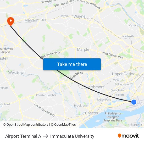 Airport Terminal A to Immaculata University map