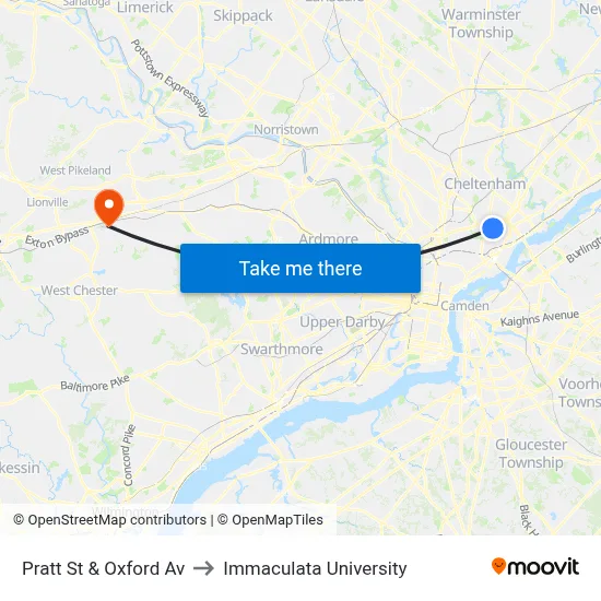 Pratt St & Oxford Av to Immaculata University map