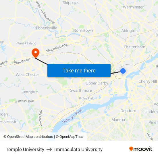 Temple University to Immaculata University map