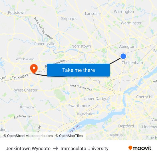 Jenkintown Wyncote to Immaculata University map