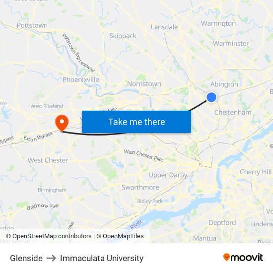 Glenside to Immaculata University map