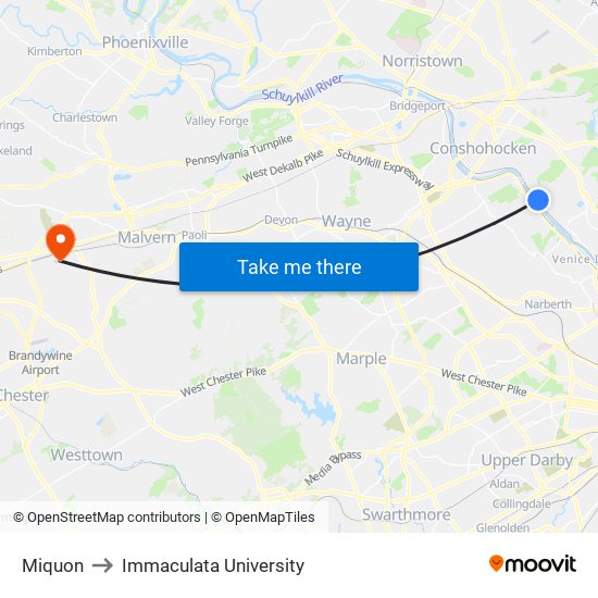 Miquon to Immaculata University map