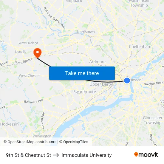 9th St & Chestnut St to Immaculata University map