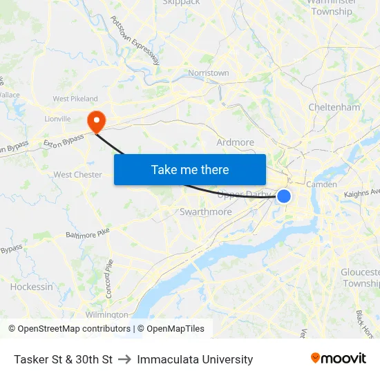 Tasker St & 30th St to Immaculata University map