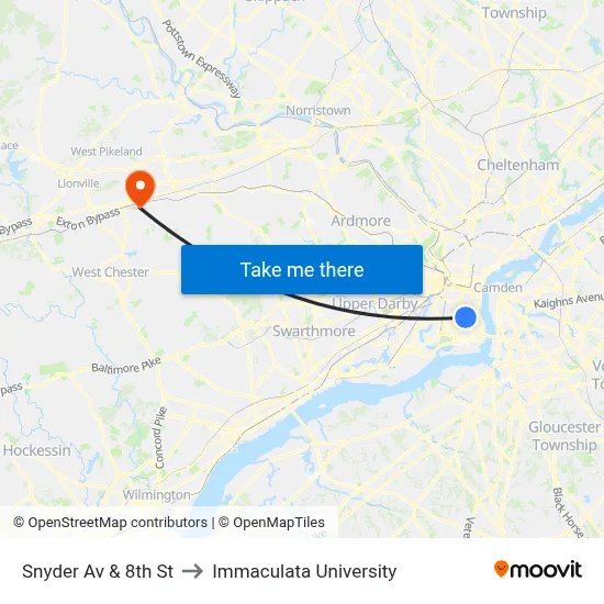 Snyder Av & 8th St to Immaculata University map