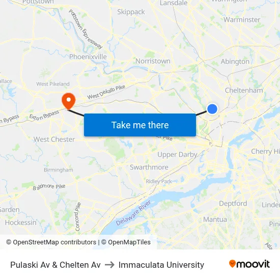 Pulaski Av & Chelten Av to Immaculata University map