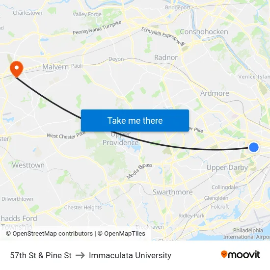 57th St & Pine St to Immaculata University map