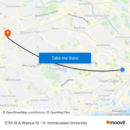 57th St & Walnut St to Immaculata University map