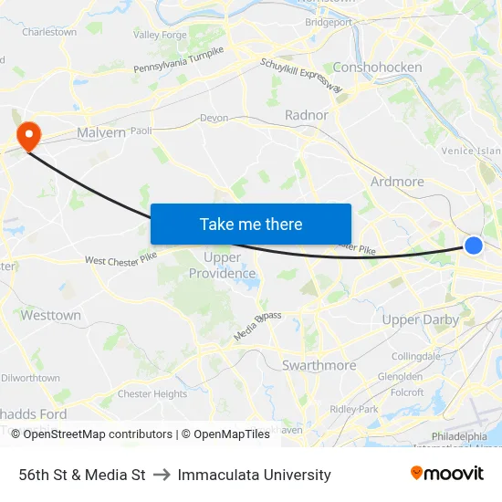 56th St & Media St to Immaculata University map