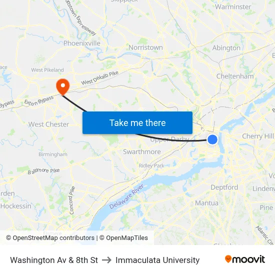 Washington Av & 8th St to Immaculata University map