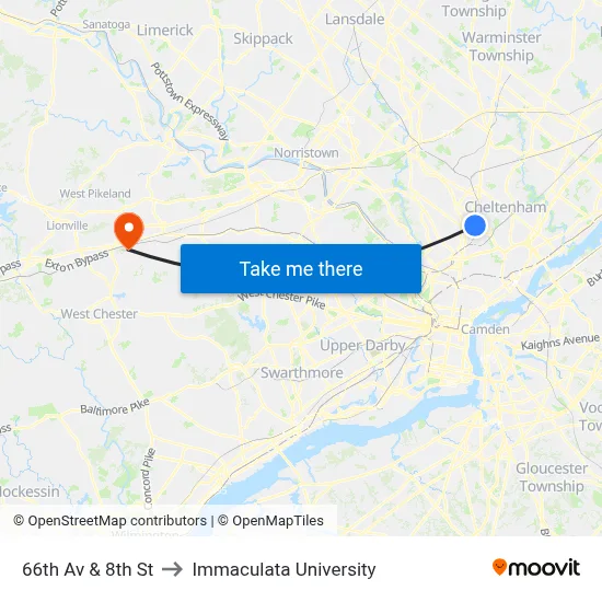 66th Av & 8th St to Immaculata University map