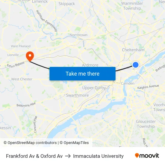 Frankford Av & Oxford Av to Immaculata University map