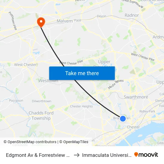Edgmont Av & Forrestview Rd to Immaculata University map