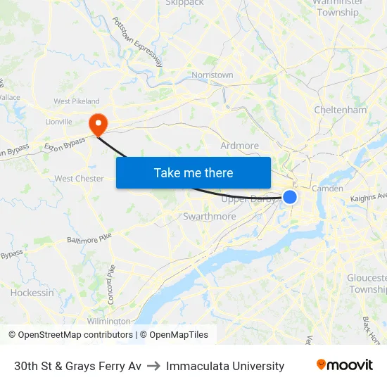 30th St & Grays Ferry Av to Immaculata University map