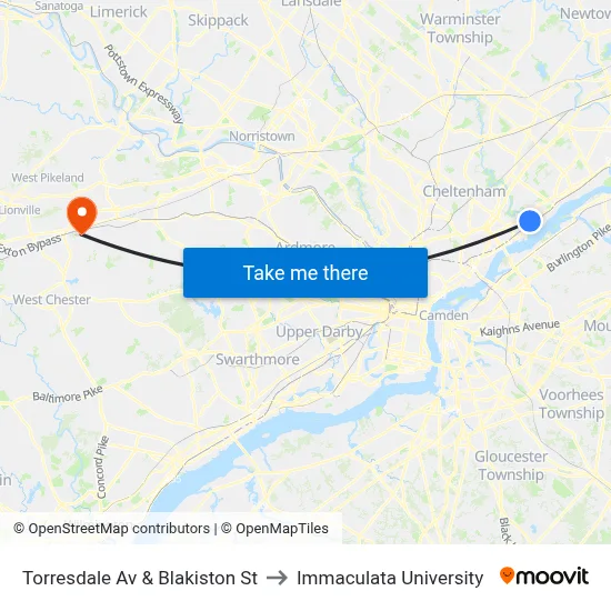 Torresdale Av & Blakiston St to Immaculata University map