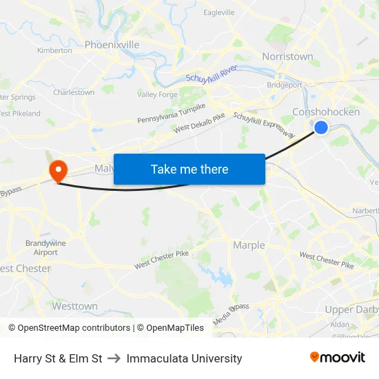 Harry St & Elm St to Immaculata University map