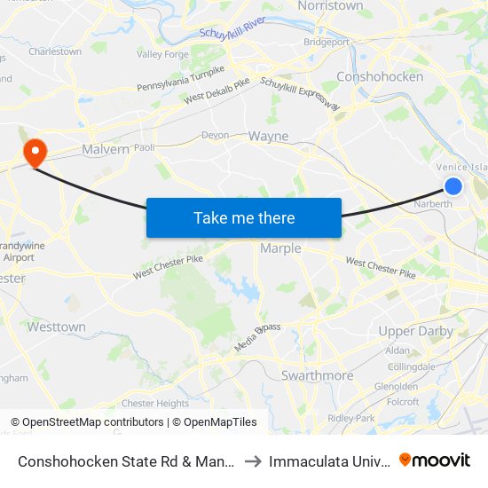 Conshohocken State Rd & Manayunk Rd to Immaculata University map