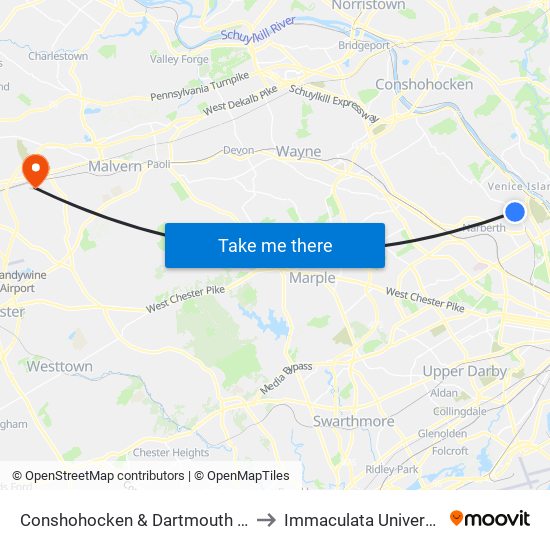 Conshohocken & Dartmouth - Fs to Immaculata University map