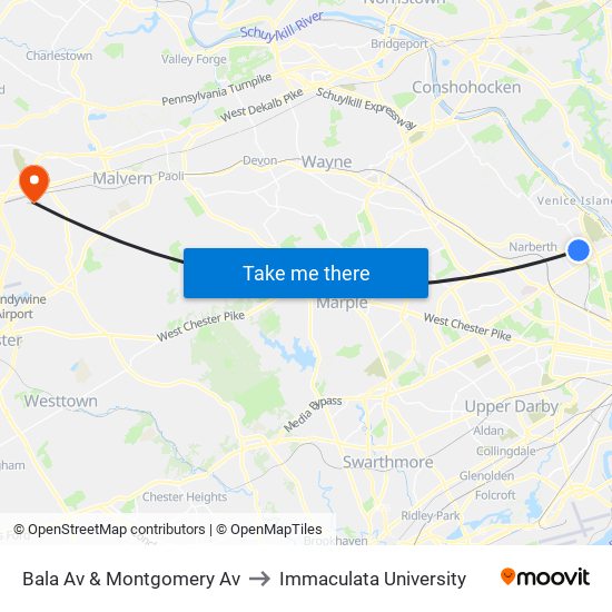 Bala Av & Montgomery Av to Immaculata University map