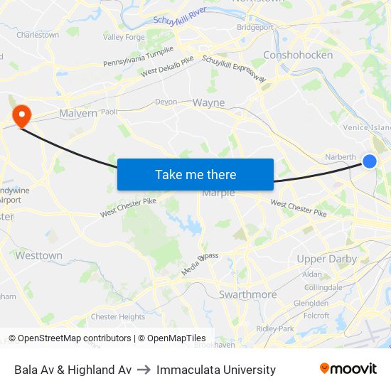 Bala Av & Highland Av to Immaculata University map
